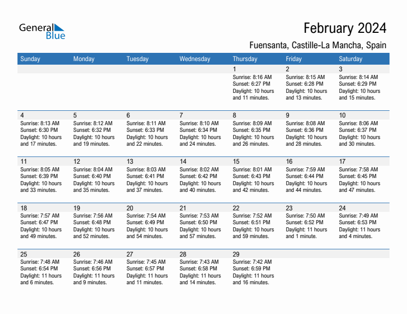 Fuensanta February 2024 sunrise and sunset calendar in PDF, Excel, and Word