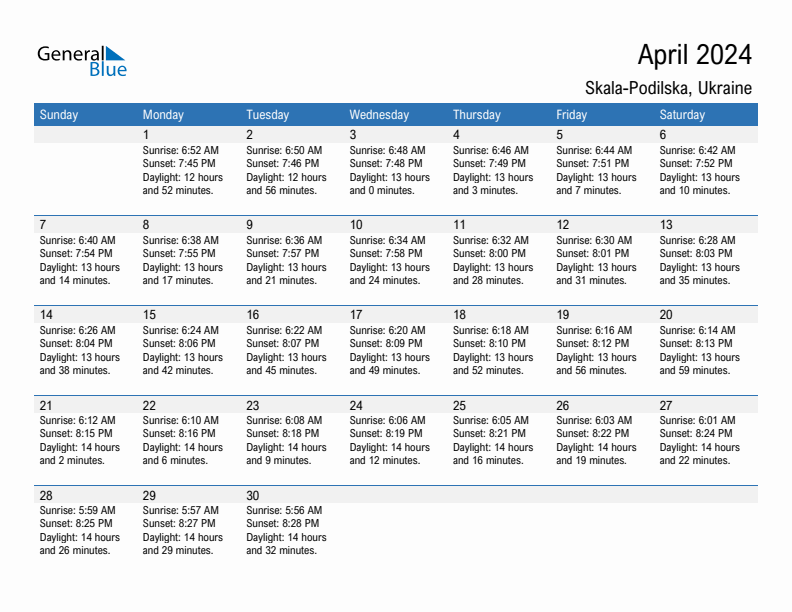 Skala-Podilska April 2024 sunrise and sunset calendar in PDF, Excel, and Word