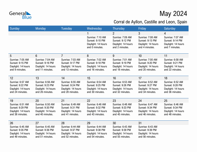 Corral de Ayllon May 2024 sunrise and sunset calendar in PDF, Excel, and Word