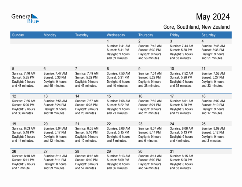 Gore May 2024 sunrise and sunset calendar in PDF, Excel, and Word