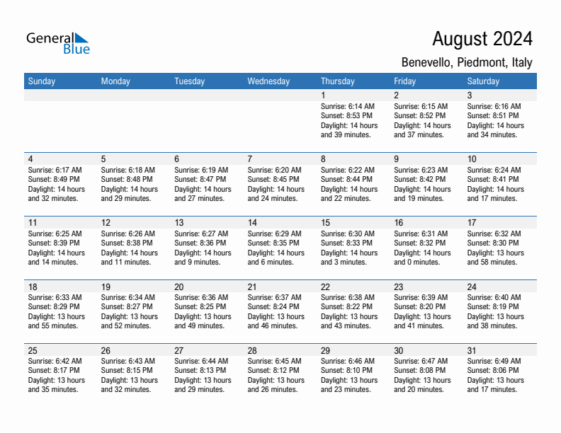 Benevello August 2024 sunrise and sunset calendar in PDF, Excel, and Word