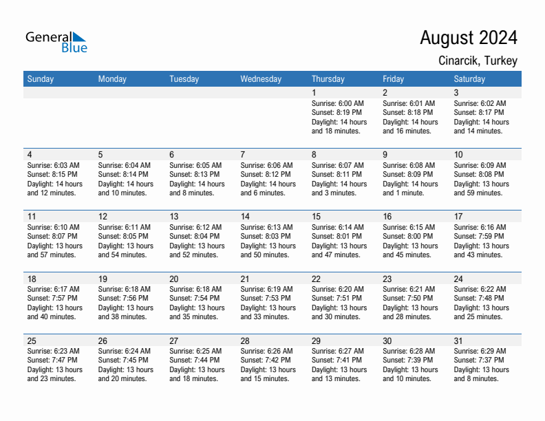 Cinarcik August 2024 sunrise and sunset calendar in PDF, Excel, and Word