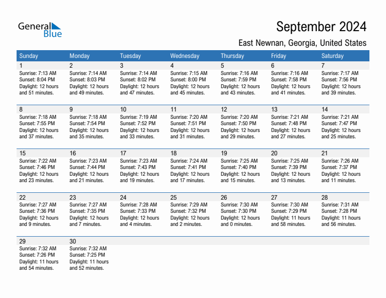 East Newnan September 2024 sunrise and sunset calendar in PDF, Excel, and Word