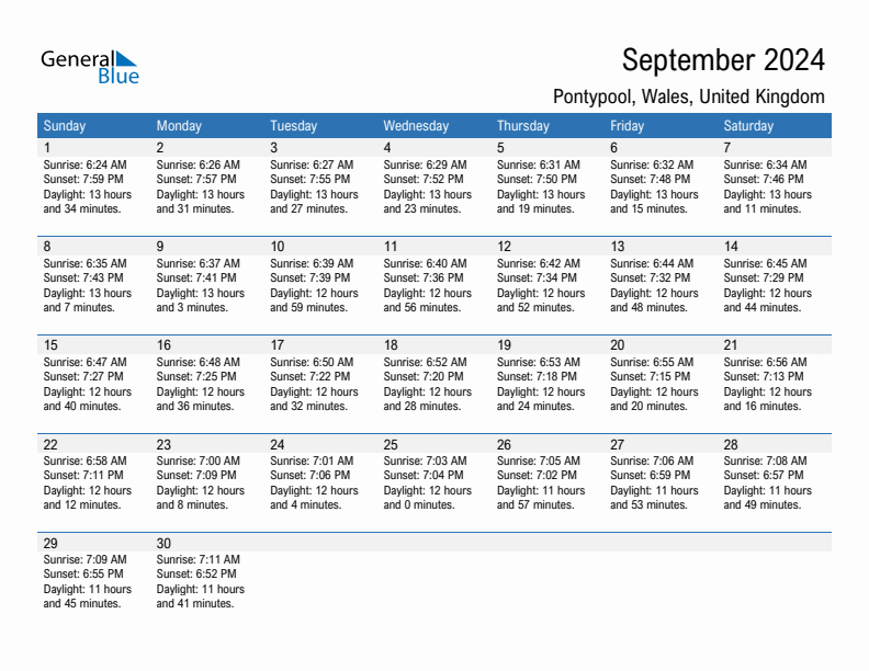 Pontypool September 2024 sunrise and sunset calendar in PDF, Excel, and Word