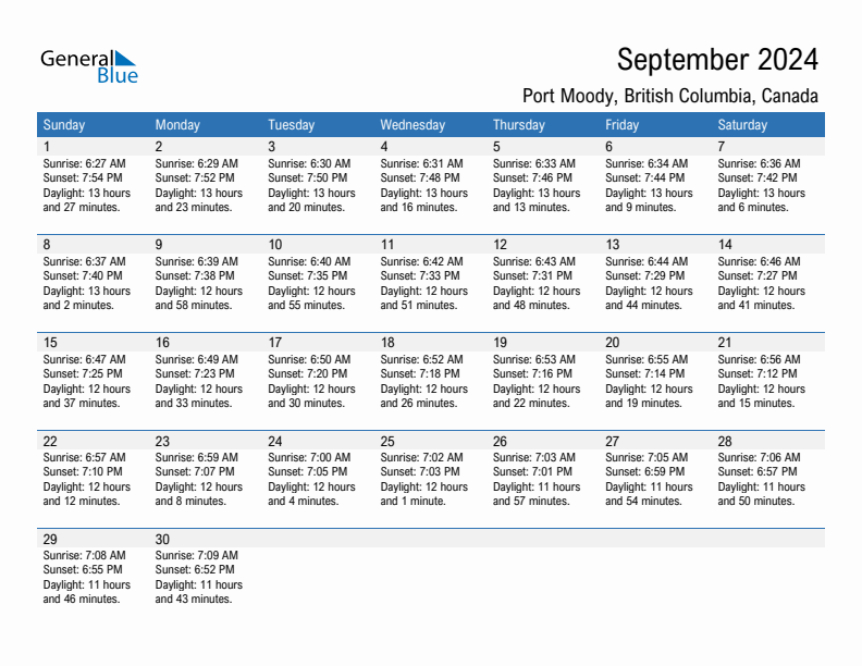 Port Moody September 2024 sunrise and sunset calendar in PDF, Excel, and Word