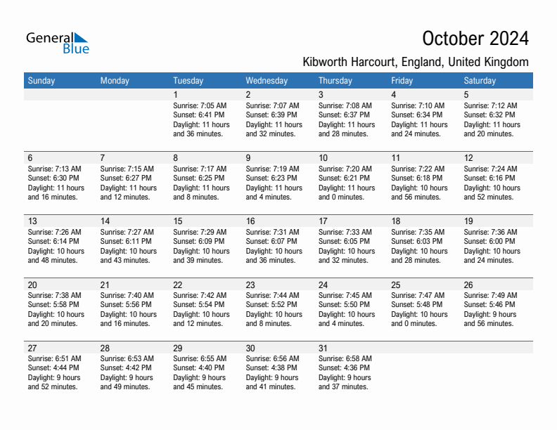 Kibworth Harcourt October 2024 sunrise and sunset calendar in PDF, Excel, and Word