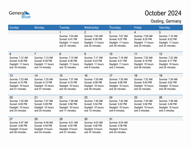 Ossling October 2024 sunrise and sunset calendar in PDF, Excel, and Word