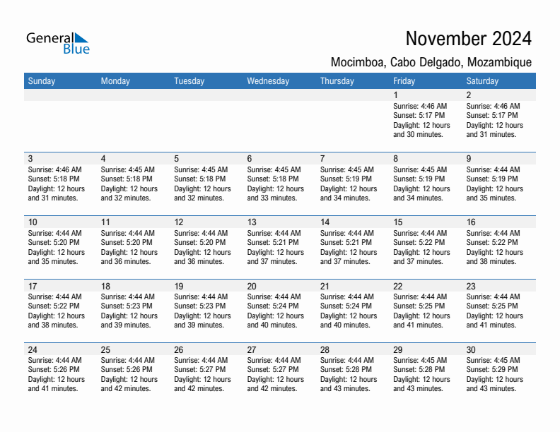 Mocimboa November 2024 sunrise and sunset calendar in PDF, Excel, and Word