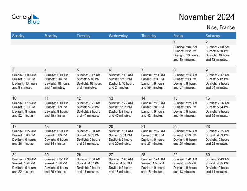Nice November 2024 sunrise and sunset calendar in PDF, Excel, and Word