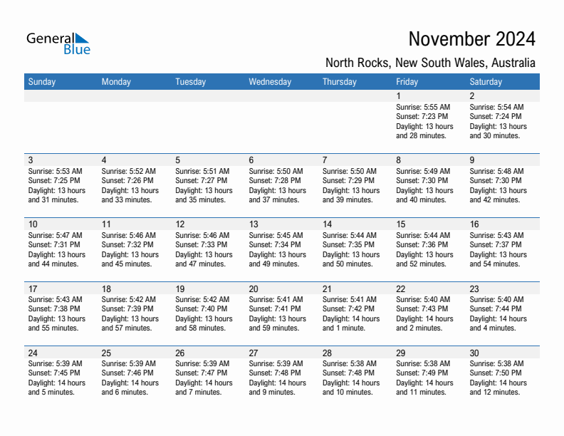 North Rocks November 2024 sunrise and sunset calendar in PDF, Excel, and Word