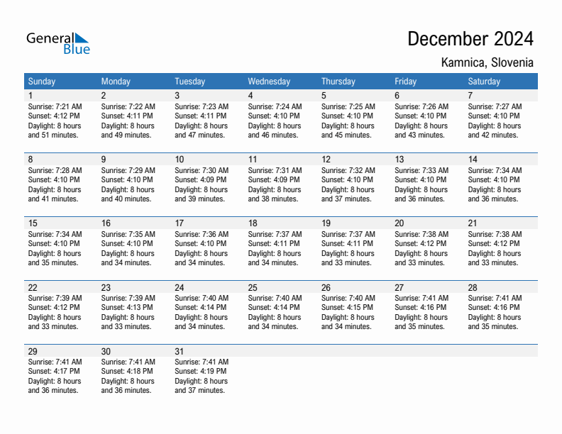 Kamnica December 2024 sunrise and sunset calendar in PDF, Excel, and Word