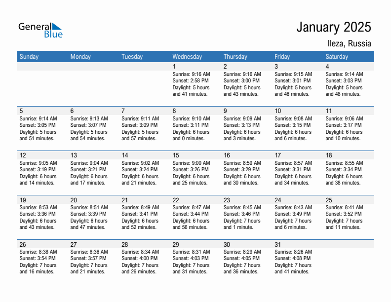 Ileza January 2025 sunrise and sunset calendar in PDF, Excel, and Word