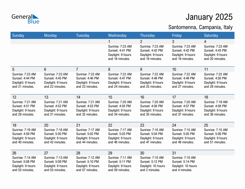 Santomenna January 2025 sunrise and sunset calendar in PDF, Excel, and Word