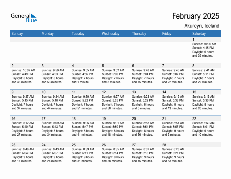 Akureyri February 2025 sunrise and sunset calendar in PDF, Excel, and Word