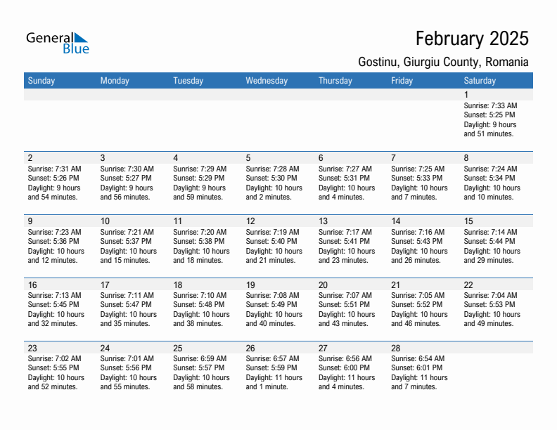 Gostinu February 2025 sunrise and sunset calendar in PDF, Excel, and Word