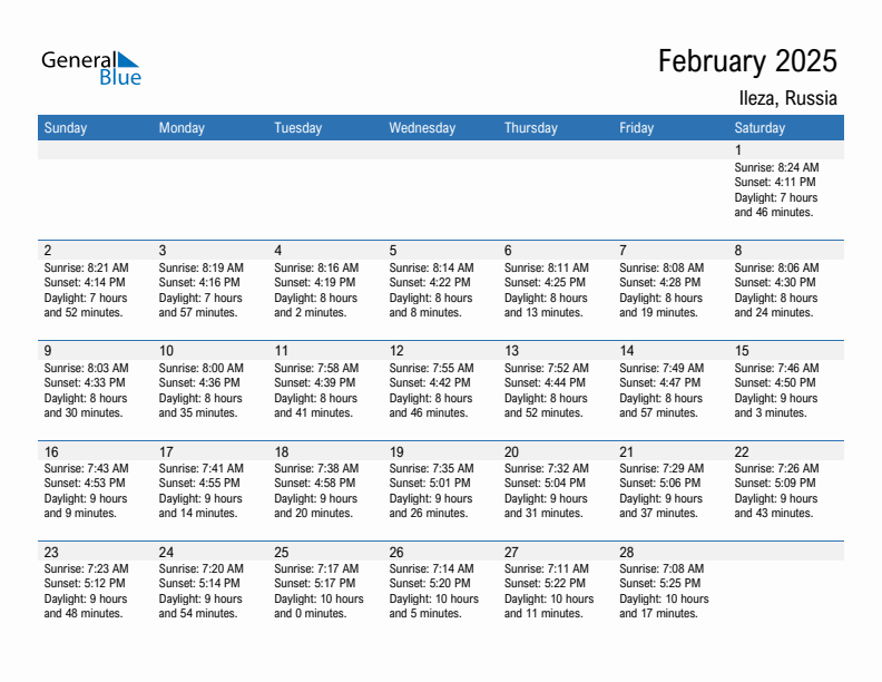 Ileza February 2025 sunrise and sunset calendar in PDF, Excel, and Word
