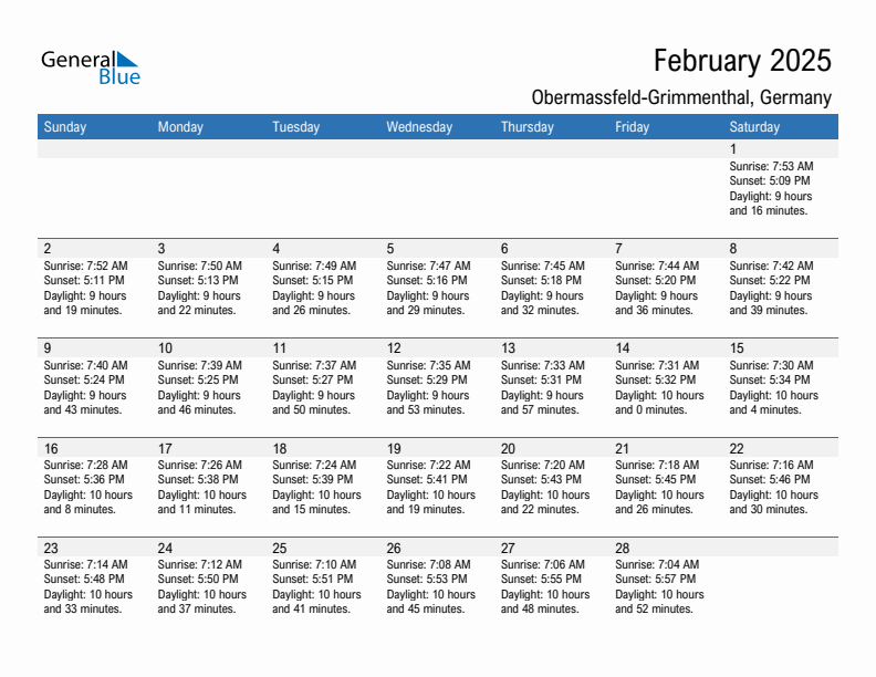 Obermassfeld-Grimmenthal February 2025 sunrise and sunset calendar in PDF, Excel, and Word