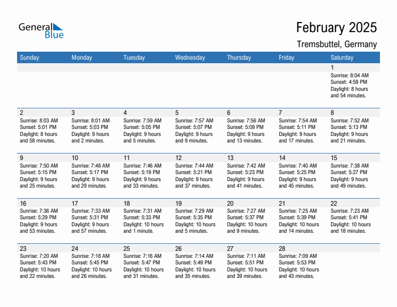 Tremsbuttel February 2025 sunrise and sunset calendar in PDF, Excel, and Word