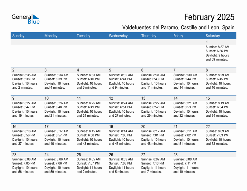 Valdefuentes del Paramo February 2025 sunrise and sunset calendar in PDF, Excel, and Word