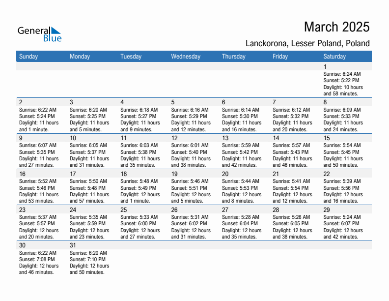 Lanckorona March 2025 sunrise and sunset calendar in PDF, Excel, and Word