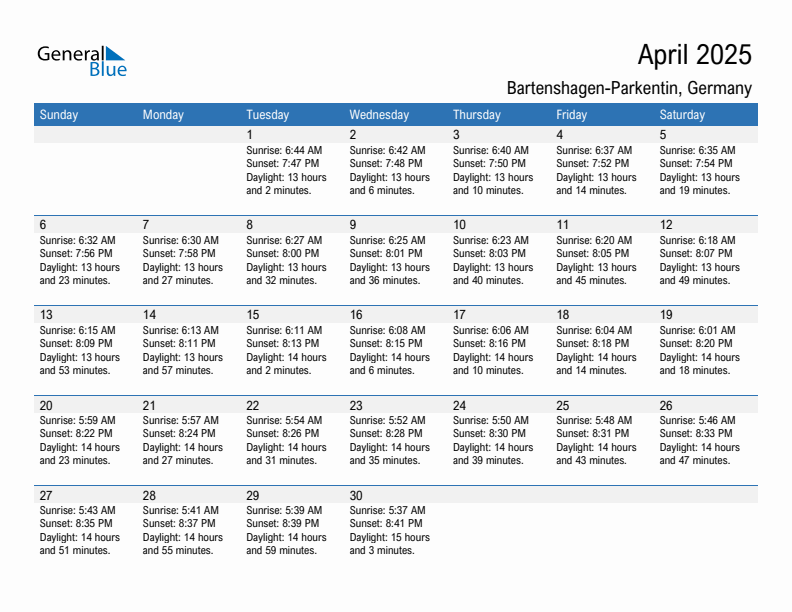 Bartenshagen-Parkentin April 2025 sunrise and sunset calendar in PDF, Excel, and Word