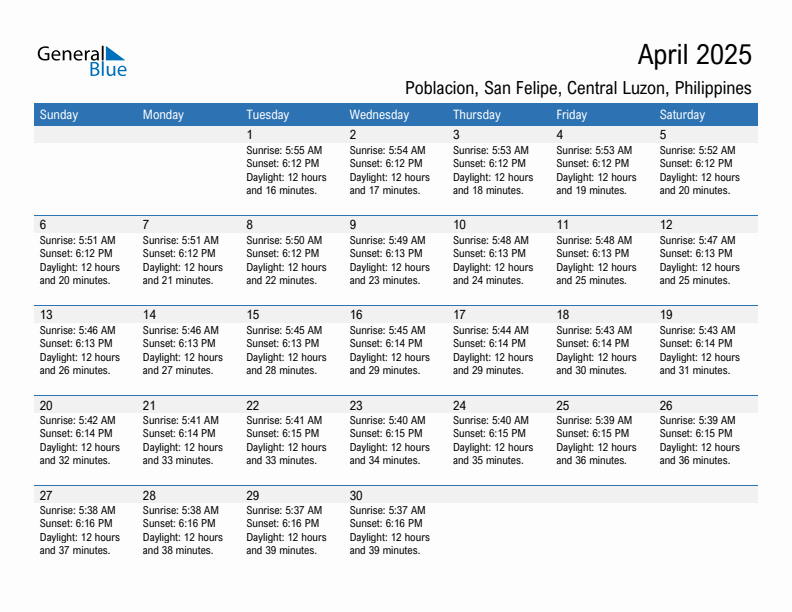 Poblacion, San Felipe April 2025 sunrise and sunset calendar in PDF, Excel, and Word