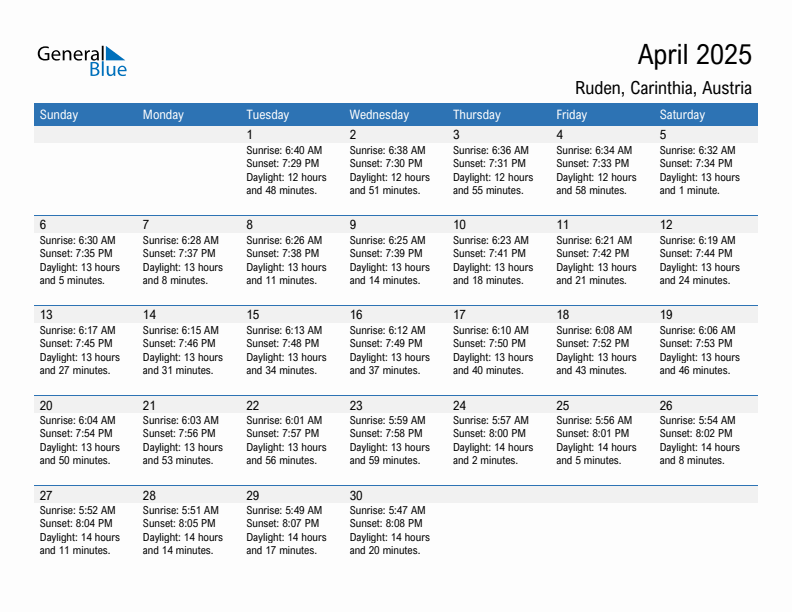 Ruden April 2025 sunrise and sunset calendar in PDF, Excel, and Word