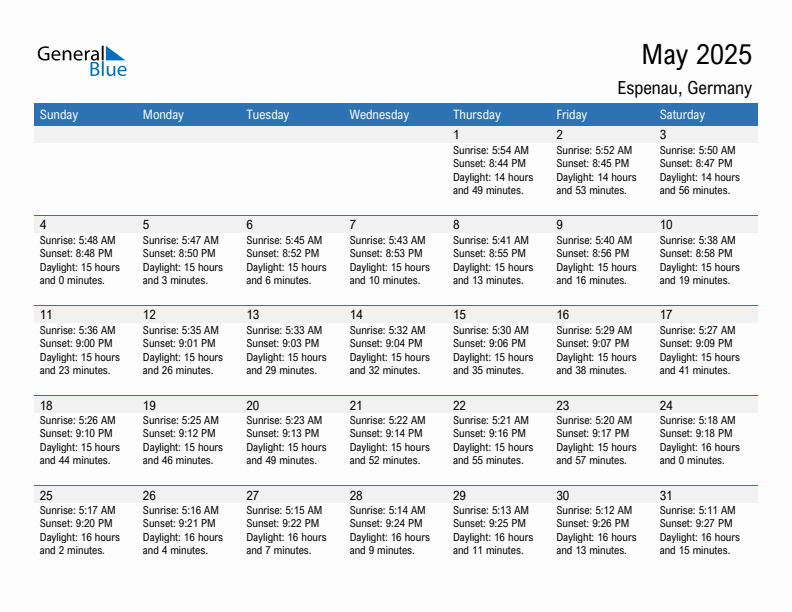Espenau May 2025 sunrise and sunset calendar in PDF, Excel, and Word
