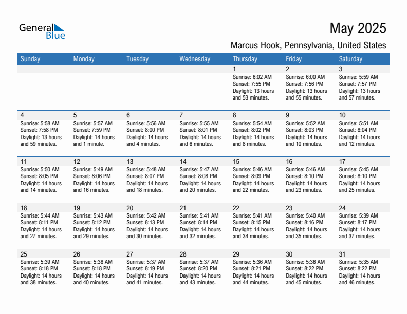 Marcus Hook May 2025 sunrise and sunset calendar in PDF, Excel, and Word