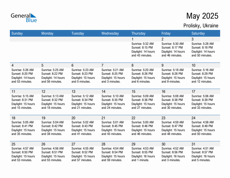 Prolisky May 2025 sunrise and sunset calendar in PDF, Excel, and Word