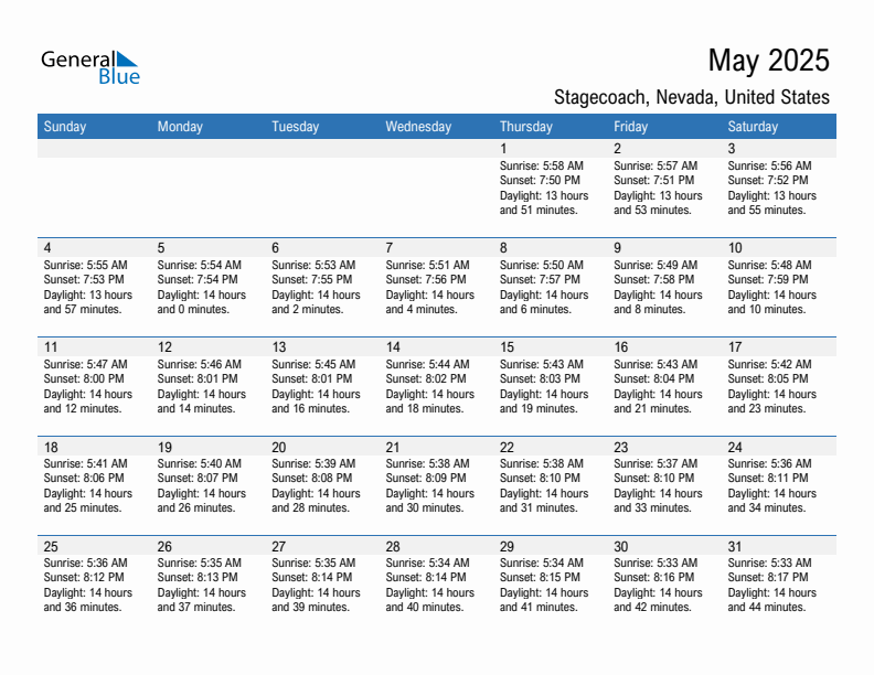 Stagecoach May 2025 sunrise and sunset calendar in PDF, Excel, and Word