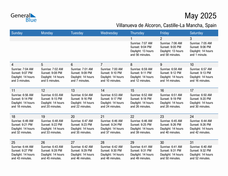 Villanueva de Alcoron May 2025 sunrise and sunset calendar in PDF, Excel, and Word