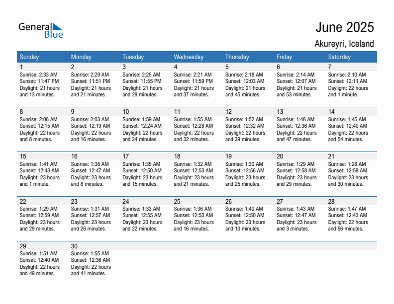 Akureyri June 2025 sunrise and sunset calendar in PDF, Excel, and Word