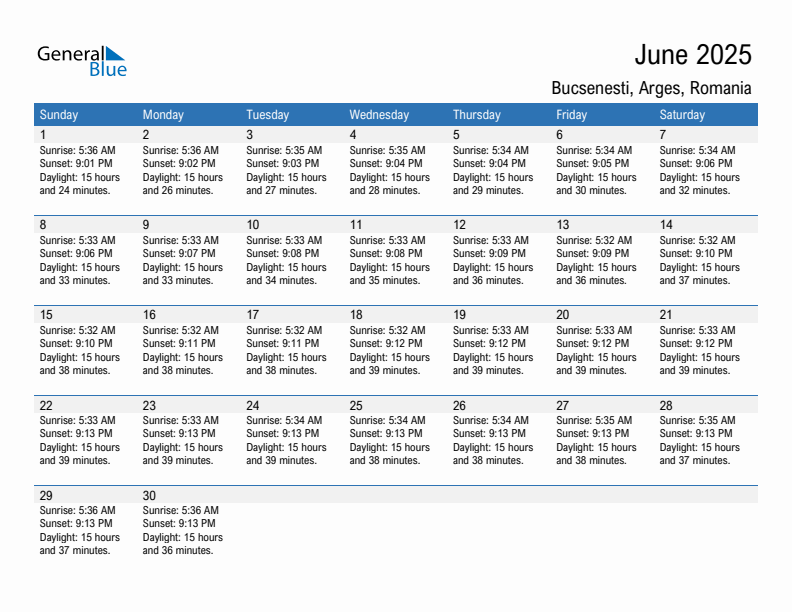 Bucsenesti June 2025 sunrise and sunset calendar in PDF, Excel, and Word