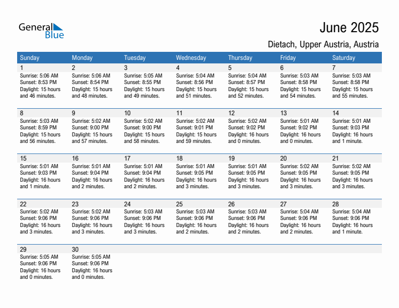 Dietach June 2025 sunrise and sunset calendar in PDF, Excel, and Word