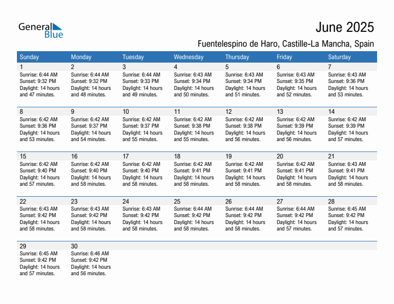 Fuentelespino de Haro June 2025 sunrise and sunset calendar in PDF, Excel, and Word