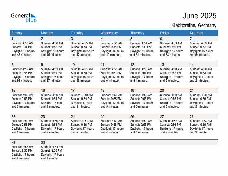 Kiebitzreihe June 2025 sunrise and sunset calendar in PDF, Excel, and Word