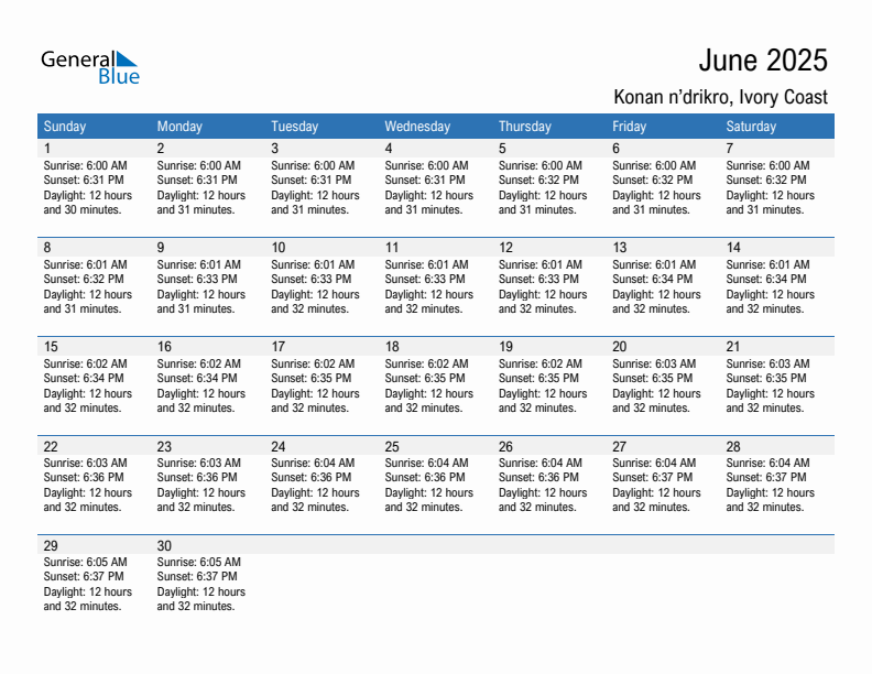 Konan n'drikro June 2025 sunrise and sunset calendar in PDF, Excel, and Word