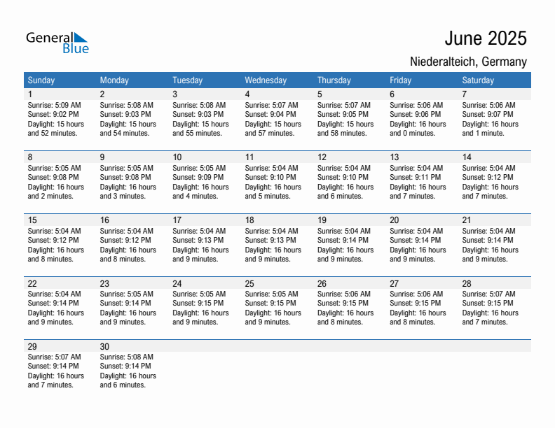 Niederalteich June 2025 sunrise and sunset calendar in PDF, Excel, and Word