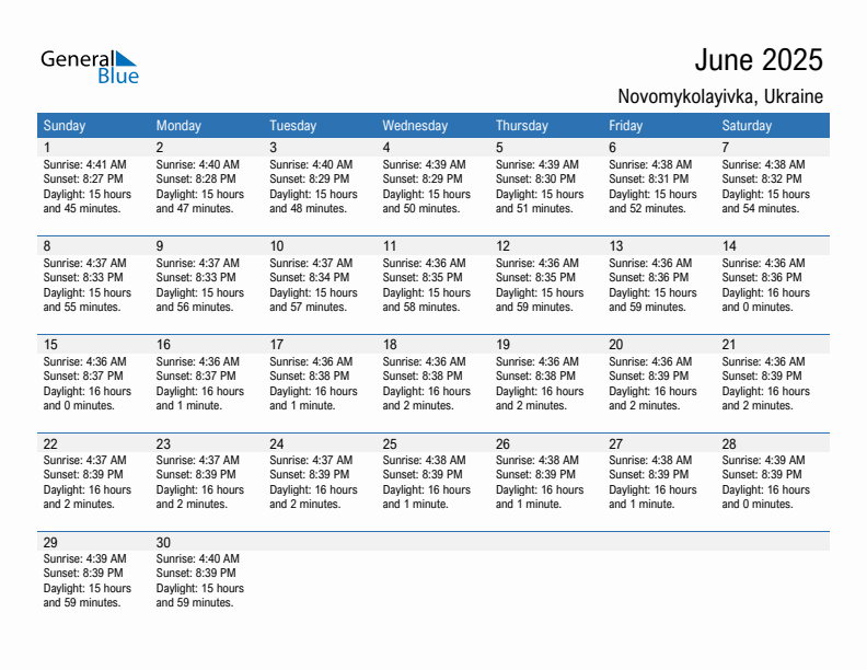 Novomykolayivka June 2025 sunrise and sunset calendar in PDF, Excel, and Word