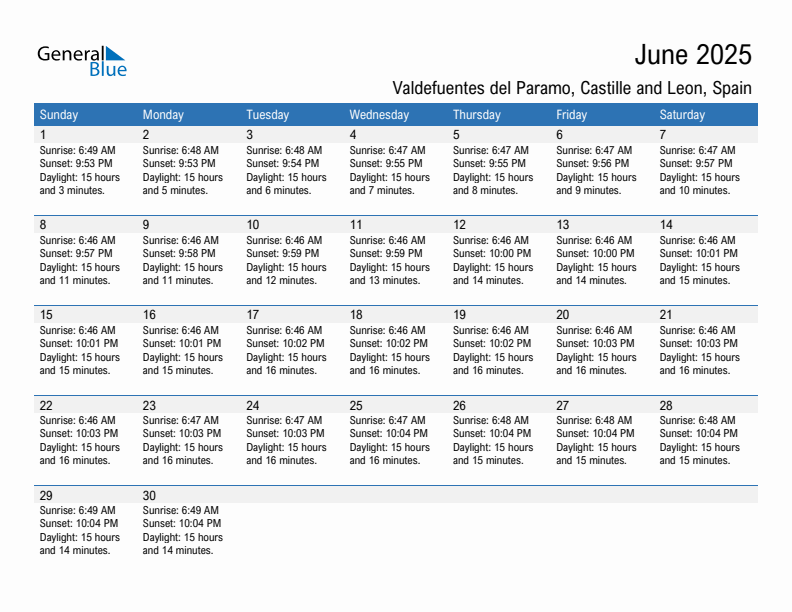 Valdefuentes del Paramo June 2025 sunrise and sunset calendar in PDF, Excel, and Word