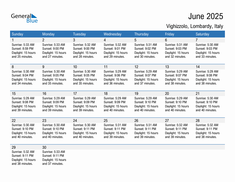 Vighizzolo June 2025 sunrise and sunset calendar in PDF, Excel, and Word