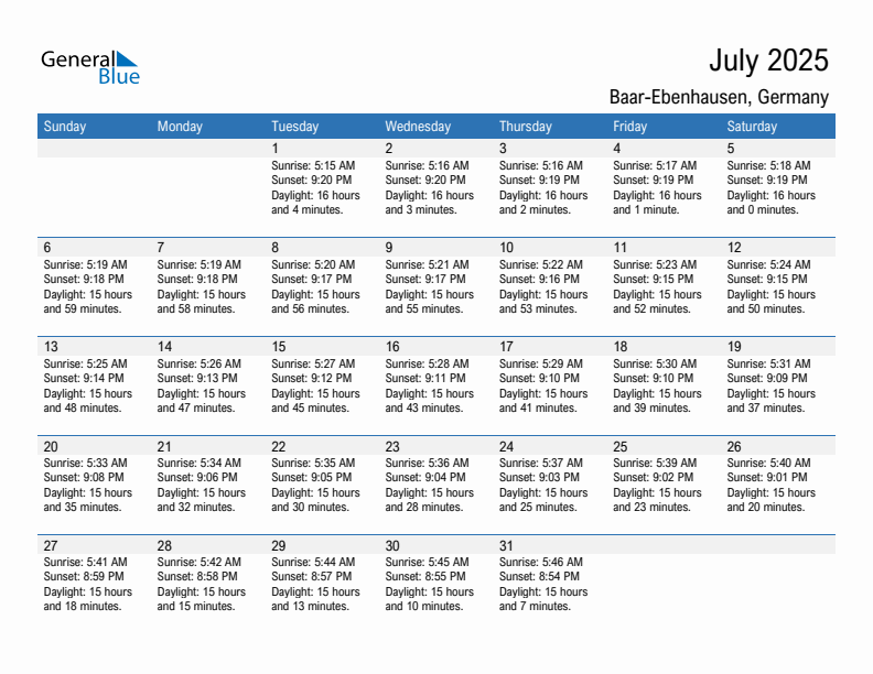Baar-Ebenhausen July 2025 sunrise and sunset calendar in PDF, Excel, and Word