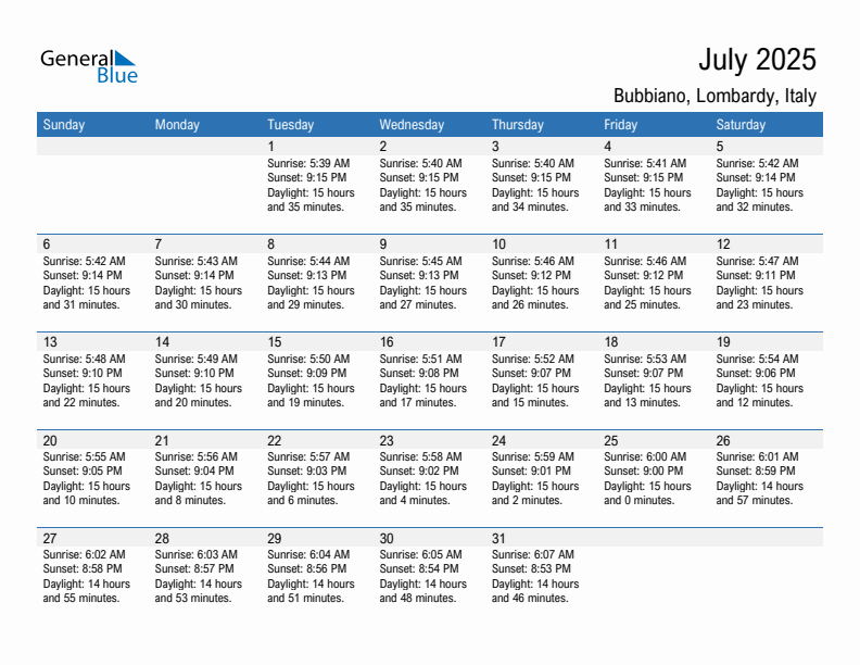 Bubbiano July 2025 sunrise and sunset calendar in PDF, Excel, and Word