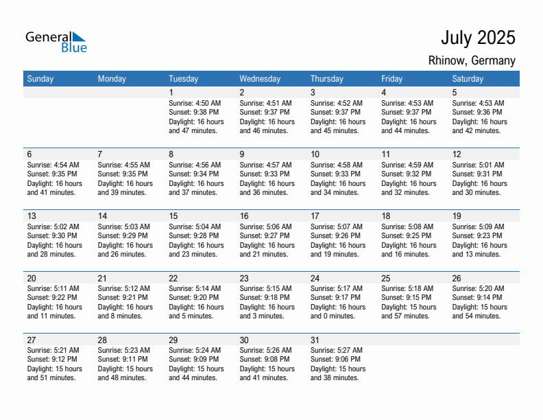 Rhinow July 2025 sunrise and sunset calendar in PDF, Excel, and Word