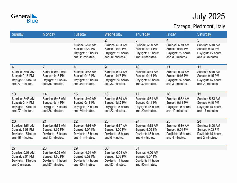 Trarego July 2025 sunrise and sunset calendar in PDF, Excel, and Word