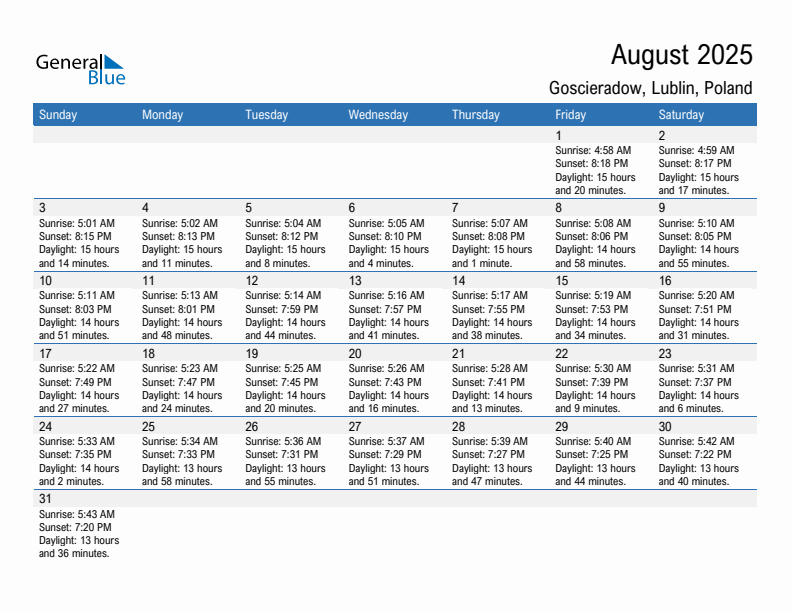 Goscieradow August 2025 sunrise and sunset calendar in PDF, Excel, and Word