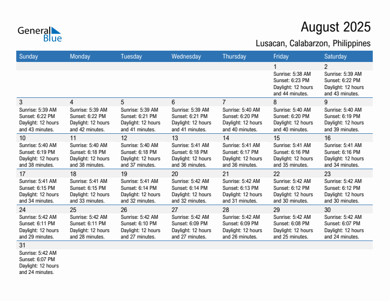 Lusacan August 2025 sunrise and sunset calendar in PDF, Excel, and Word