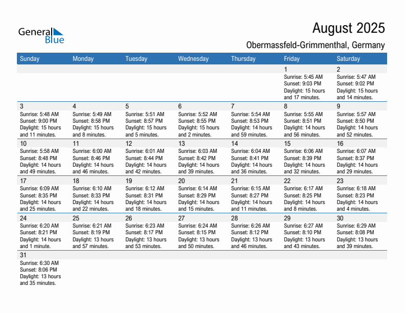Obermassfeld-Grimmenthal August 2025 sunrise and sunset calendar in PDF, Excel, and Word
