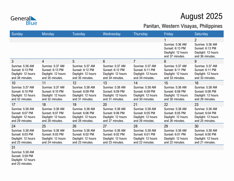 Panitan August 2025 sunrise and sunset calendar in PDF, Excel, and Word